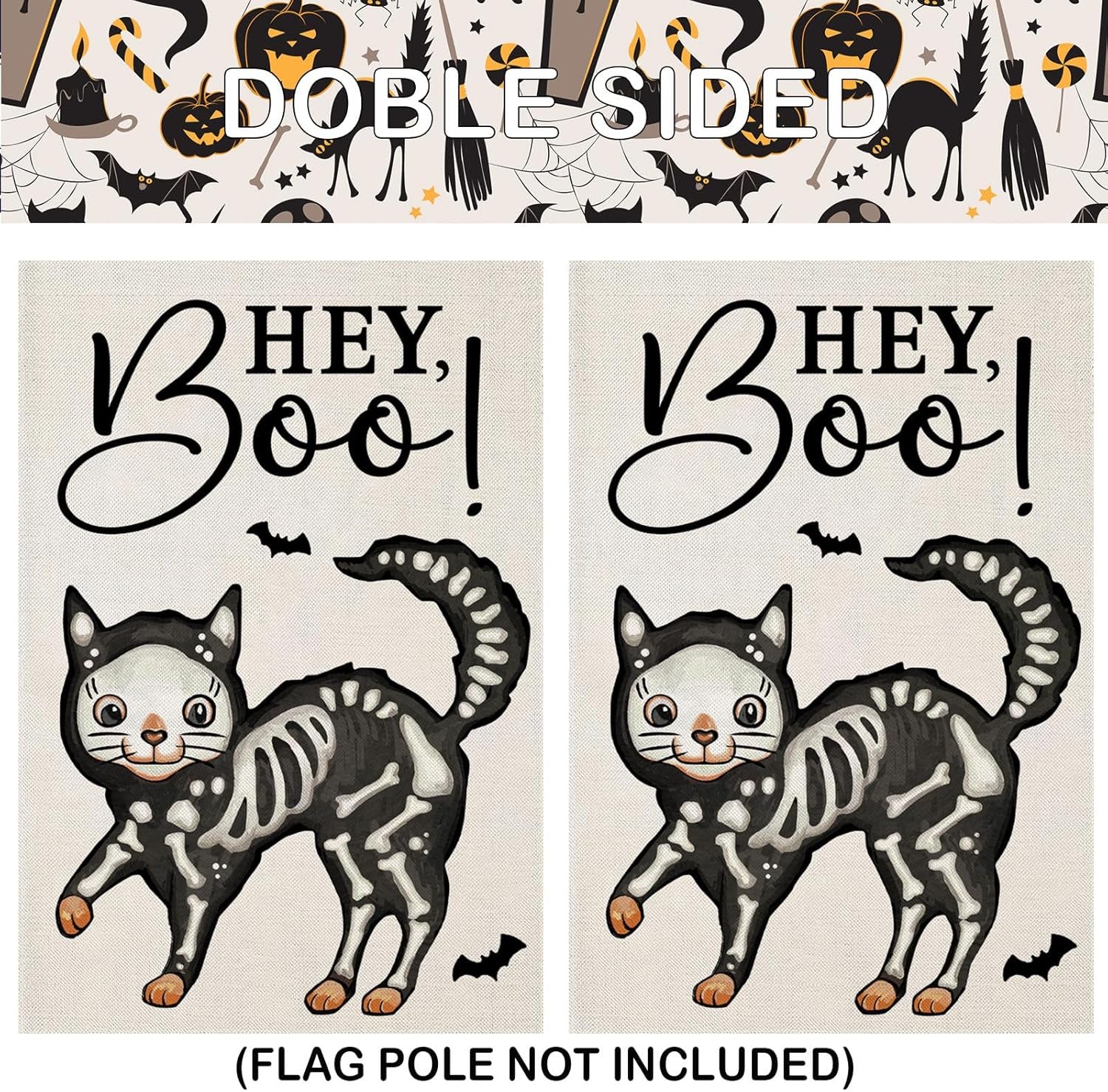 Halloween Garden Flags for outside Decoration, Spooky Boo HEY Skeleton Cat Small Yard Flag for Outdoor Seasonal Decor 12X18 Inch Vertical Double Sided