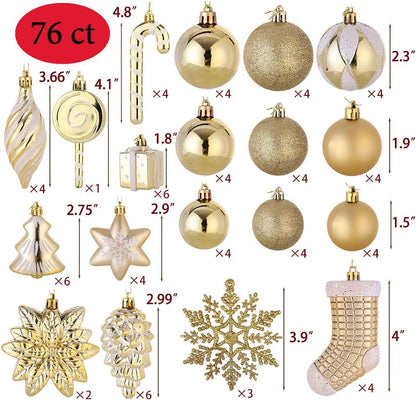 76Ct Christmas Tree Ornaments Set,Golden Shatterproof Christmas Balls Decorations,Xmas Decorative Hanging Ornaments(Golden)