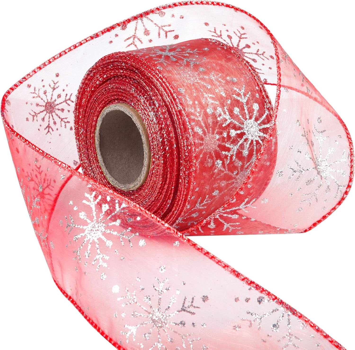 2.5 Inch Wide Christmas Wired Ribbon Snowflake Organza Sheer Glitter Ribbon for Xmas Tree, Wreath, Party Decoration, Gift Wrapping (Red, 21.9 Yards)