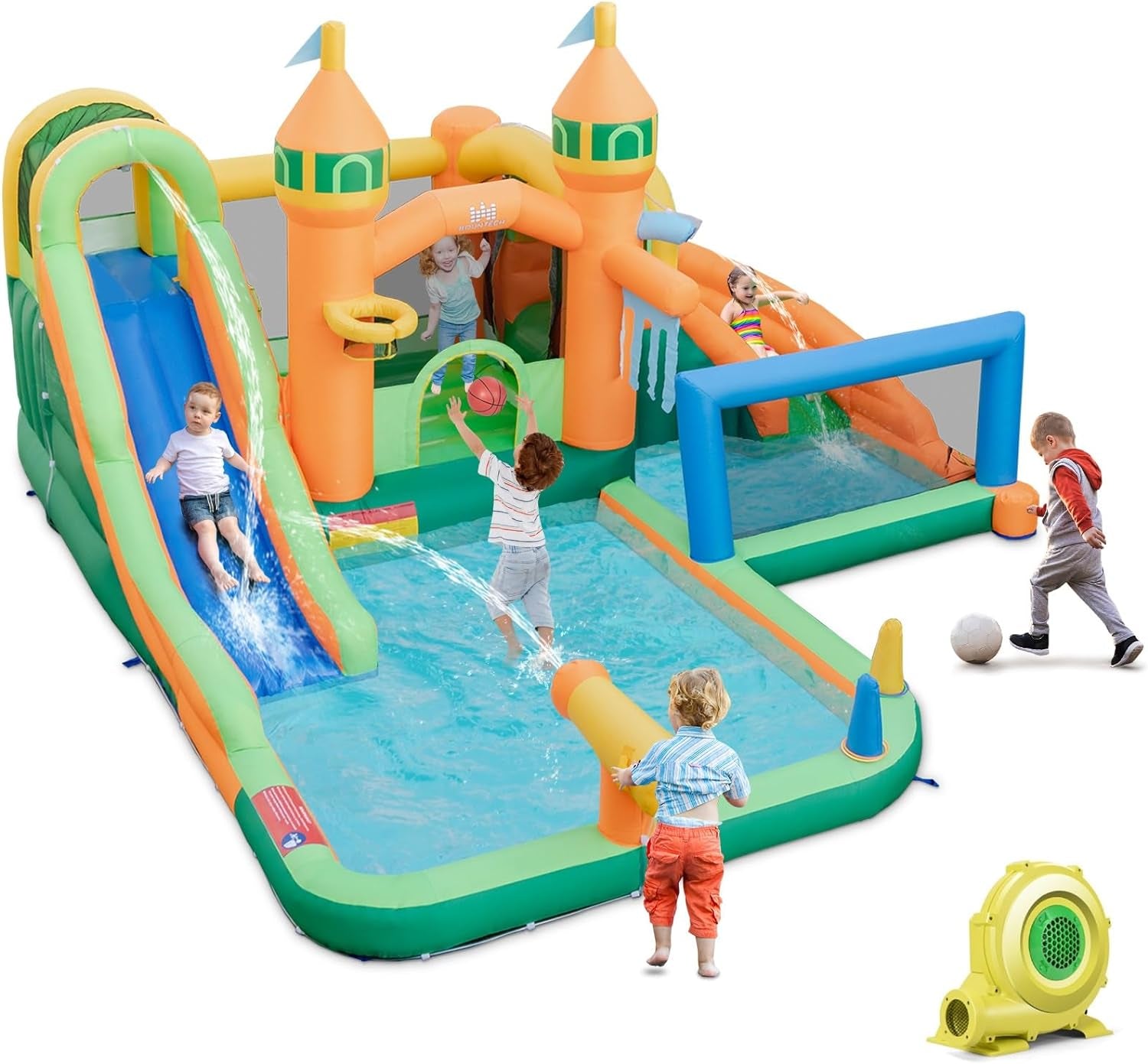 Inflatable Water Slide Park, 9 in 1 Mega Waterslide Bounce House for Outdoor W/Dual Slides, Giant Splash Pool, 735W Blower, Water Slides Inflatables for Kids and Adults Backyard Party Gifts