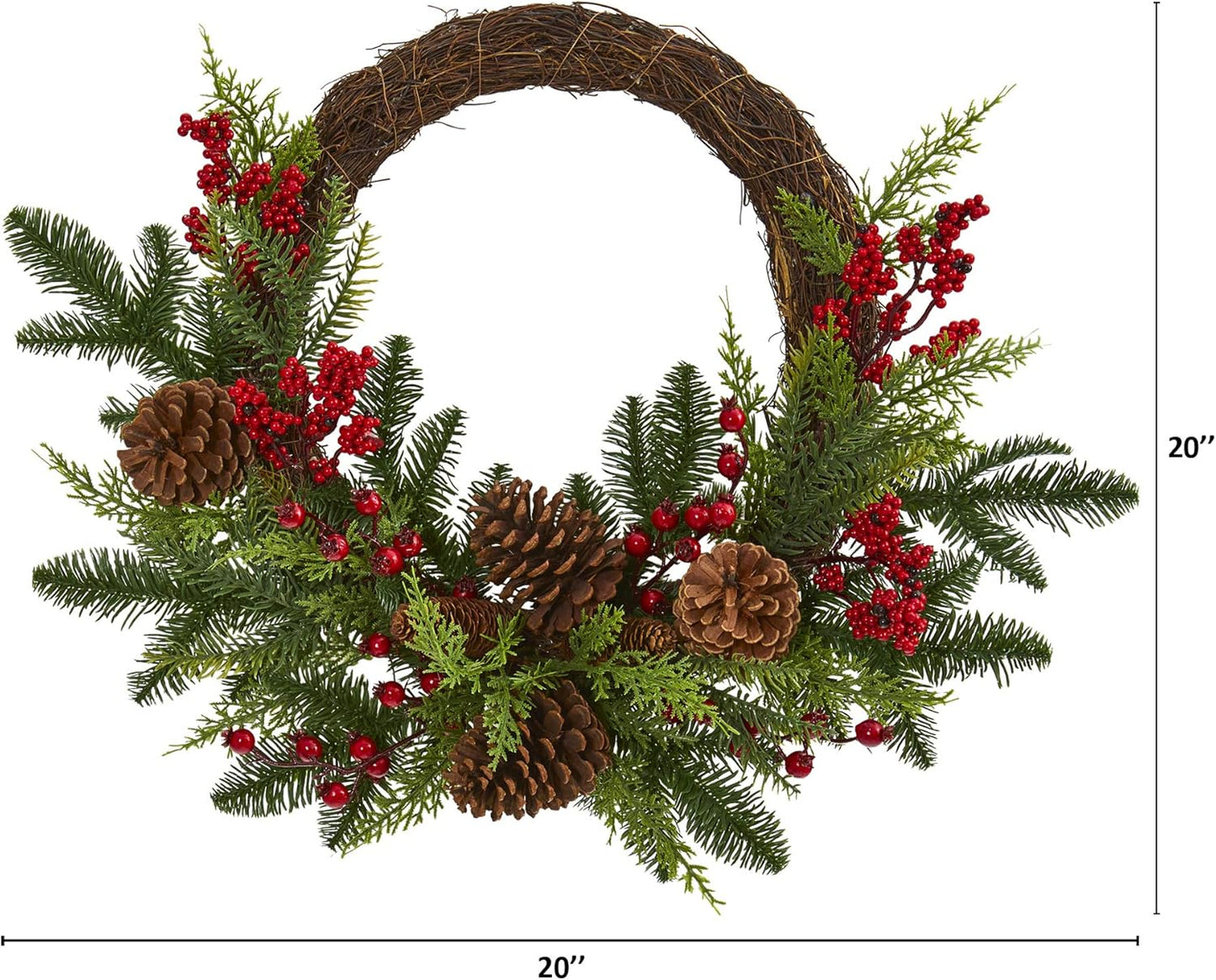 22In. Mixed Cedar with Berries and Pine Cones Artificial Wreaths, Green/Red , 3.5X22X22