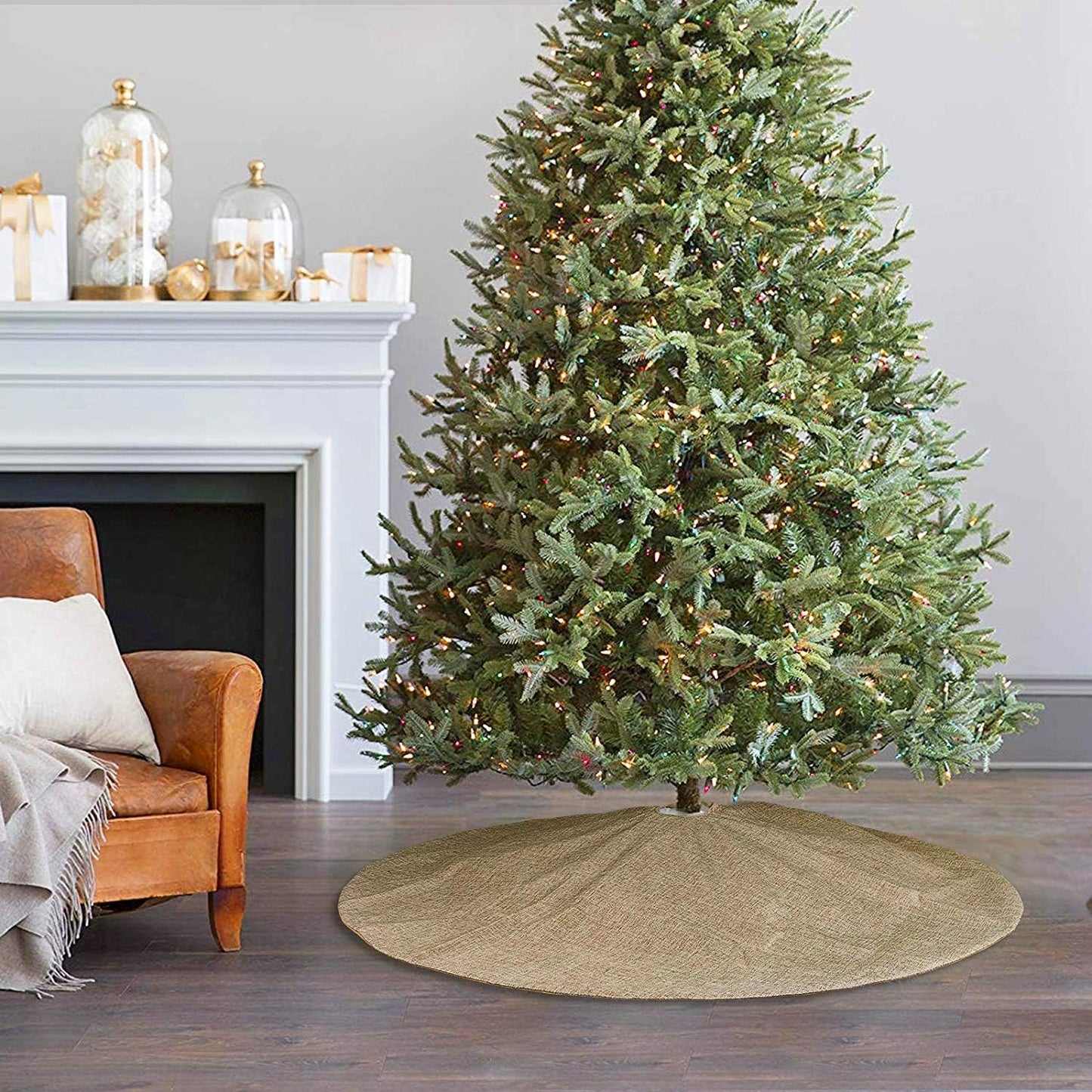 Christmas Tree Skirt, 48 Inches Large Burlap Double-Layer Plain Tree Skirts, Rustic Jute Tree Skirt for Xmas Holiday Home Decor, Fall Winter Farmhouse Brown Burlap Christmas Decorations Indoor