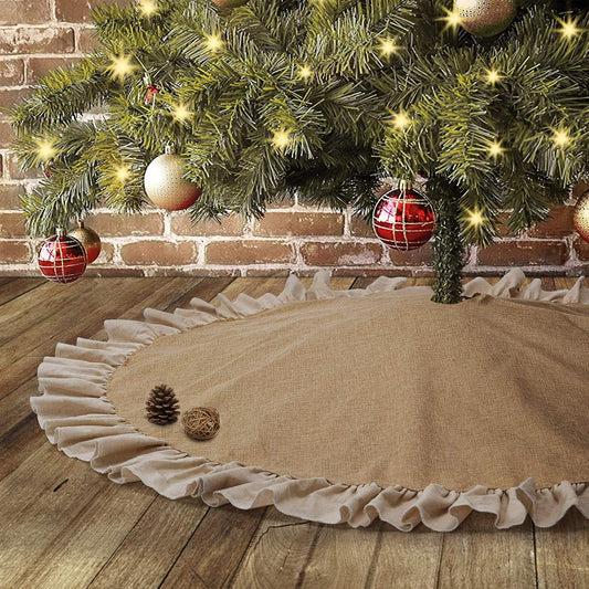 Christmas Fall Tree Skirt with Ruffle Border,48" Linen Rustic Tree Ornaments for Farmhouse Autumn Fall Christmas Decorations