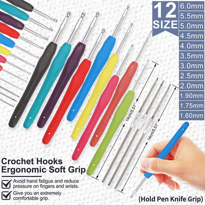 Crochet Kit with Step-By-Step Video Tutorials，Premium Bundle Includes 12 Roll X50Yard Acrylic Yarn Balls, 12 Crochet Hooks, Crochet Bag and All Accessories Kit, Crochet Kit for Beginners