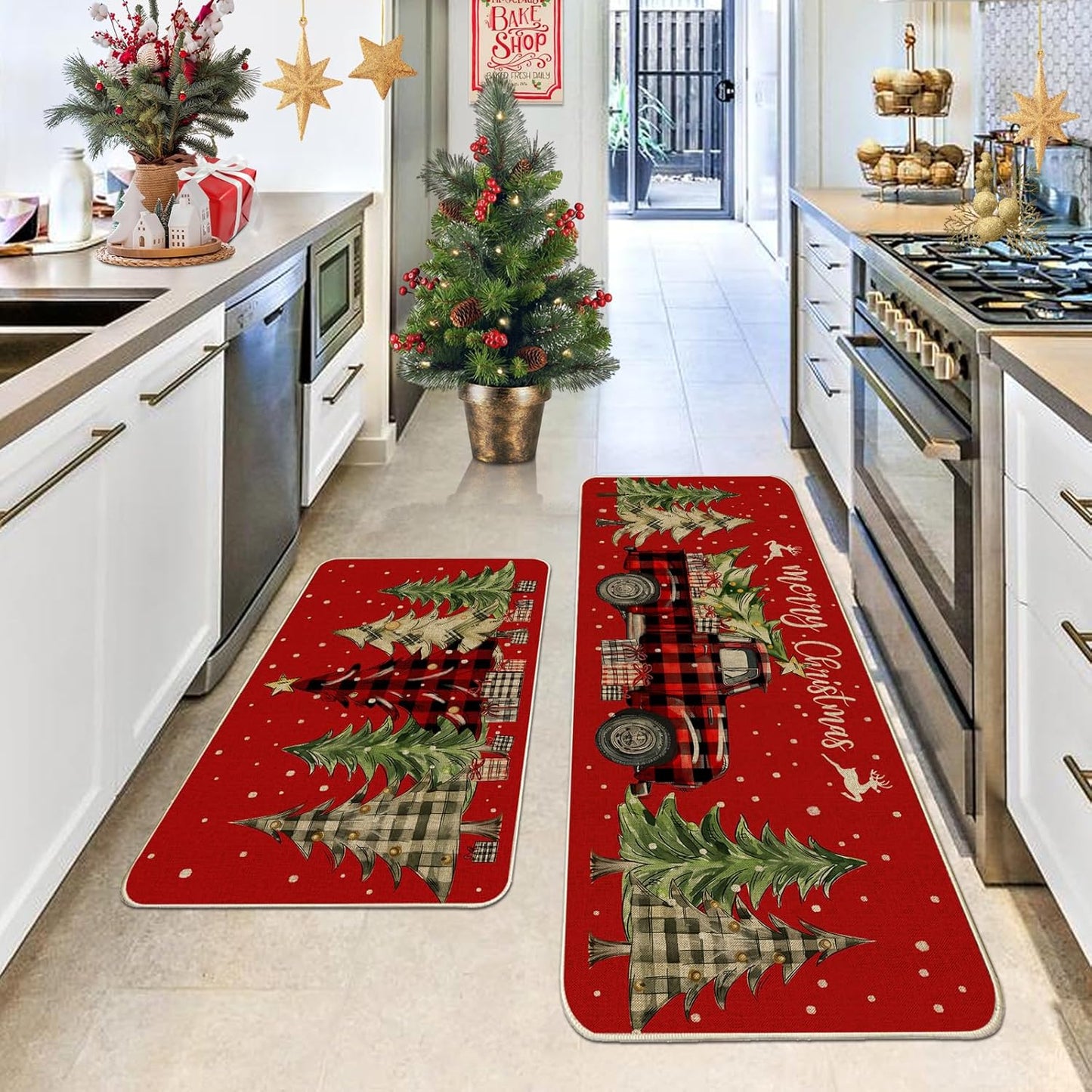 Christmas Kitchen Mats for Floor - Farmhouse Truck Buffalo Plaid Christmas Kitchen Decor - Red Christmas Kitchen Rugs Set of 2, Christmas Decorations for Home, Indoor 17"X27+17"X47"