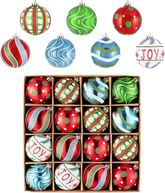 Christmas Ornaments Set, 16Ct Colorful Red Green Blue Shatterproof Christmas Tree Decorations Ball Ornaments Bulk, 3.15 Inch Hanging Ornaments for Xmas Trees Holiday Party Decor