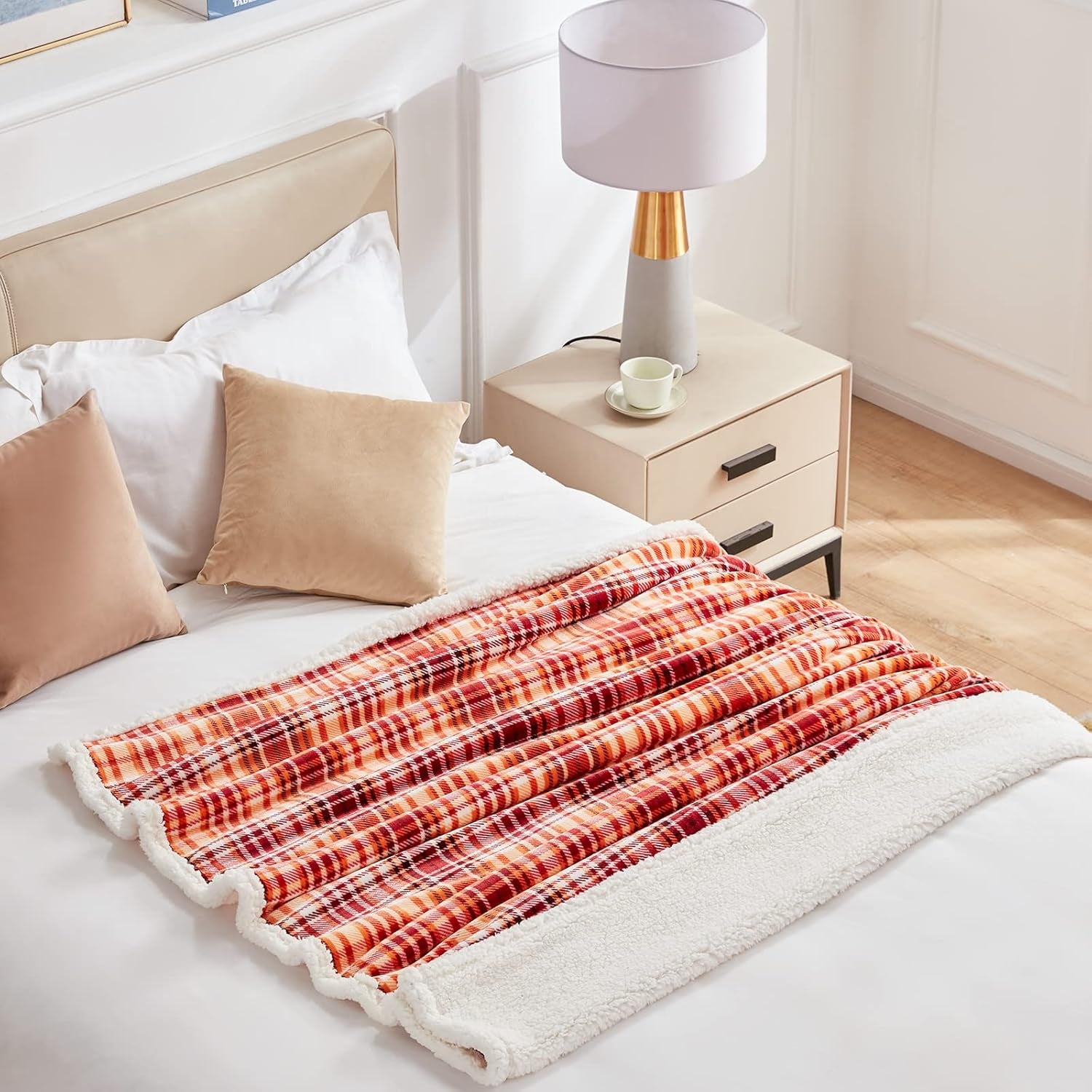 Sherpa Halloween Plaid Throw Blanket(60" X 70", Plaid Orange), Fuzzy Fluffy Cozy Soft Blanket, Fleece Flannel Plush Twin Size Microfiber Blanket for Couch Bed Sofa
