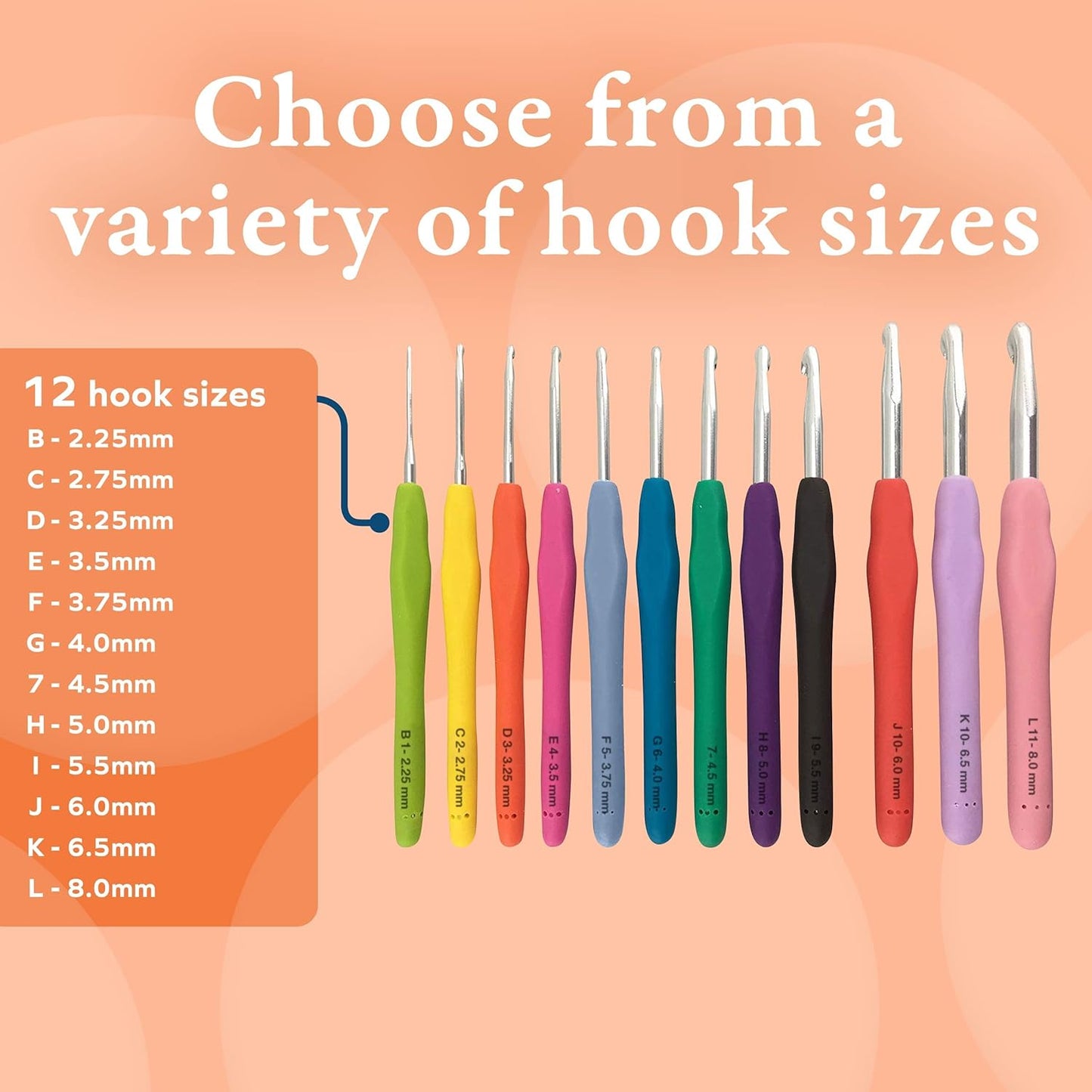 Crochet Hooks Kit - 12 Piece Set Extra-Long Crocheting Needles with Soft, Ergonomic Rubber Grips and 12 Hook Sizes - Knitting & Crochet Supplies for Beginners, Comfortable/Easy to Use