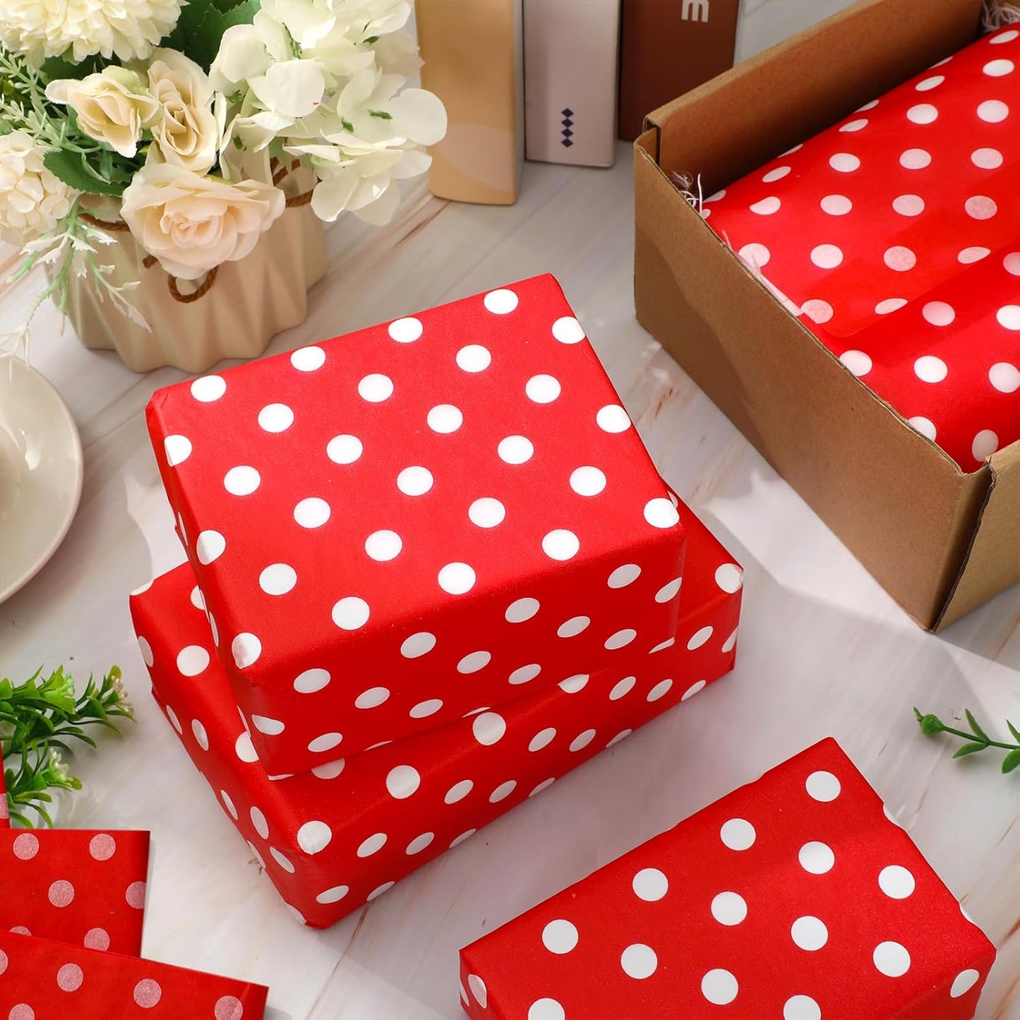 100 Sheets Polka Dot Tissue Paper Christmas Gift Wrapping Paper Red White Art Paper for Xmas Holiday Birthday Baby Shower Party DIY Crafts Supplies, 14 X 20 Inch