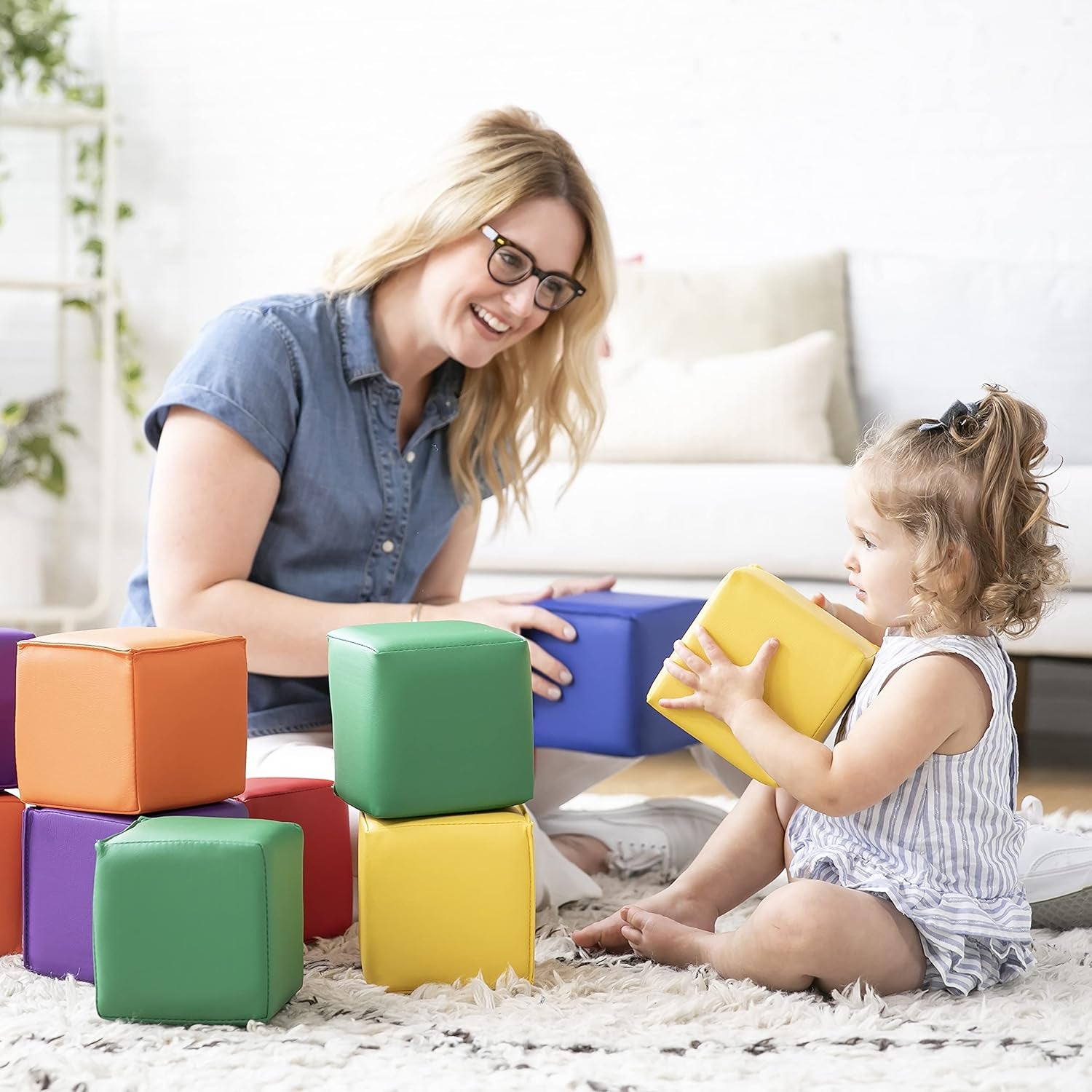 Softzone Patchwork Toddler Building Blocks, Foam Cubes, Assorted, 12-Piece