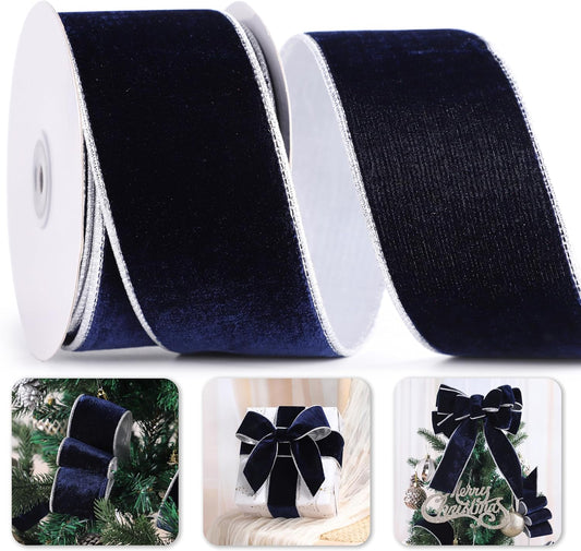 Navy Blue Velvet Ribbon Wired 2.5" X 10 Yards Dark Blue Christmas Wired Ribbon with Silver Backside, Blue and Silver Christmas Tree Ribbon for Wreaths, Bows, Crafts, Home Decor, Gift Wrapping