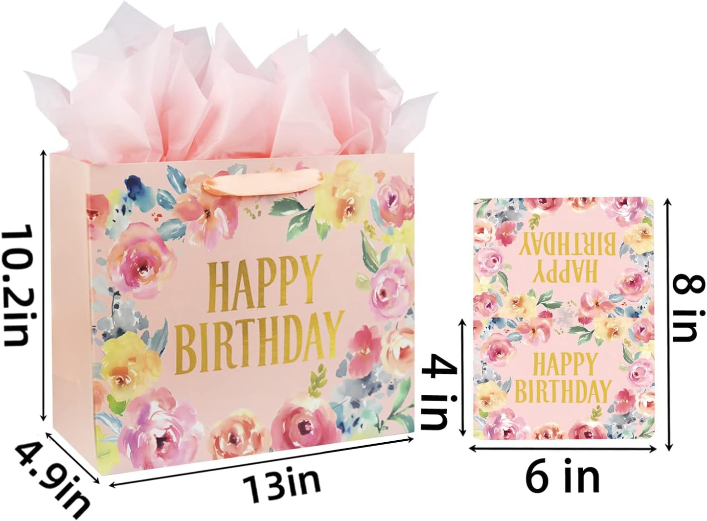 13" Large Happy Birthday Gift Bag with Card and Tissue Papers for Women Girls Floral Design with Handles