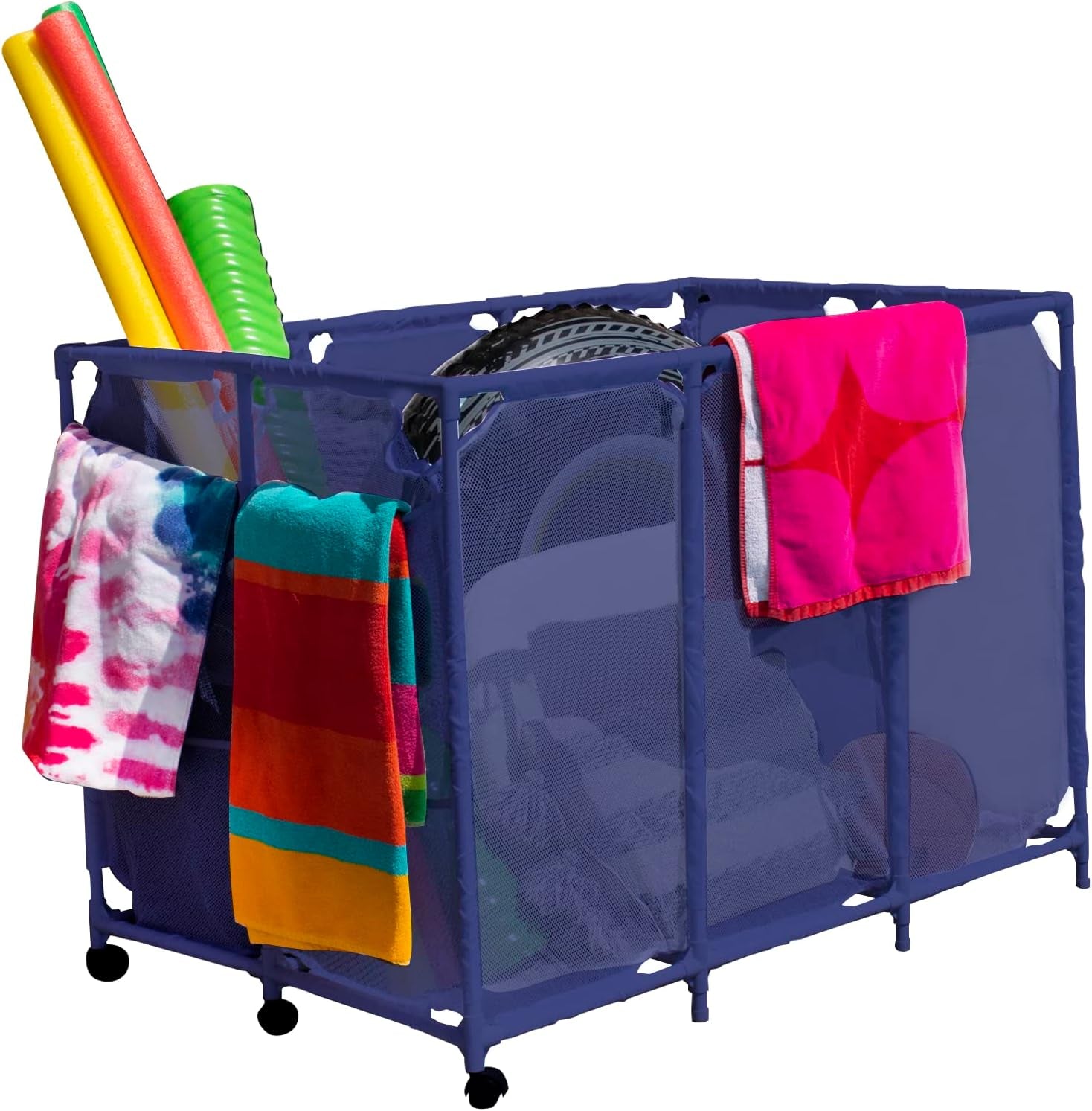Pool Noodles Holder, Toys, Floats, Balls and Floats Equipment Mesh Rolling Storage Organizer Bin, Extra-Large, (47.2" W X 30.2" L X 34" H), Blue/White Style 455119