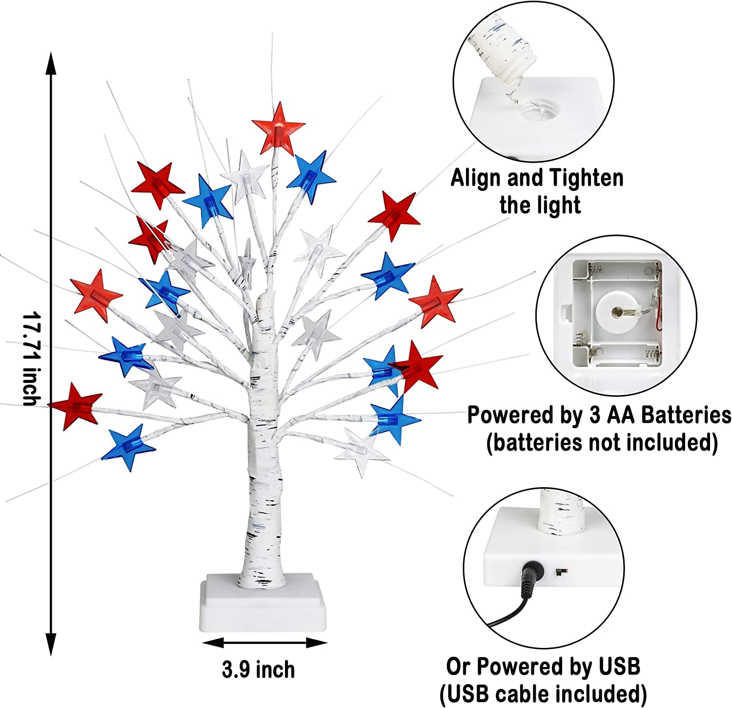 [Timer] 2 Pack 18 Inch 4Th of July Patriotic Decorations Tree Light with 24 LED Red White Blue Star Lights, Usb/Battery Operated Fourth of July Independence Day Lighted Tree for Home Table Party Decor