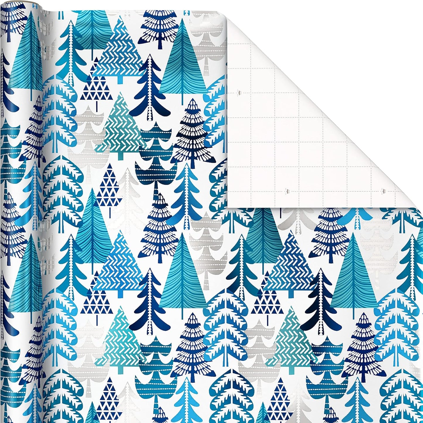 Blue Foil Christmas Wrapping Paper with Cut Lines on Reverse (3 Rolls: 60 Sq. Ft. Ttl) Snowmen, Snowflakes, Christmas Trees