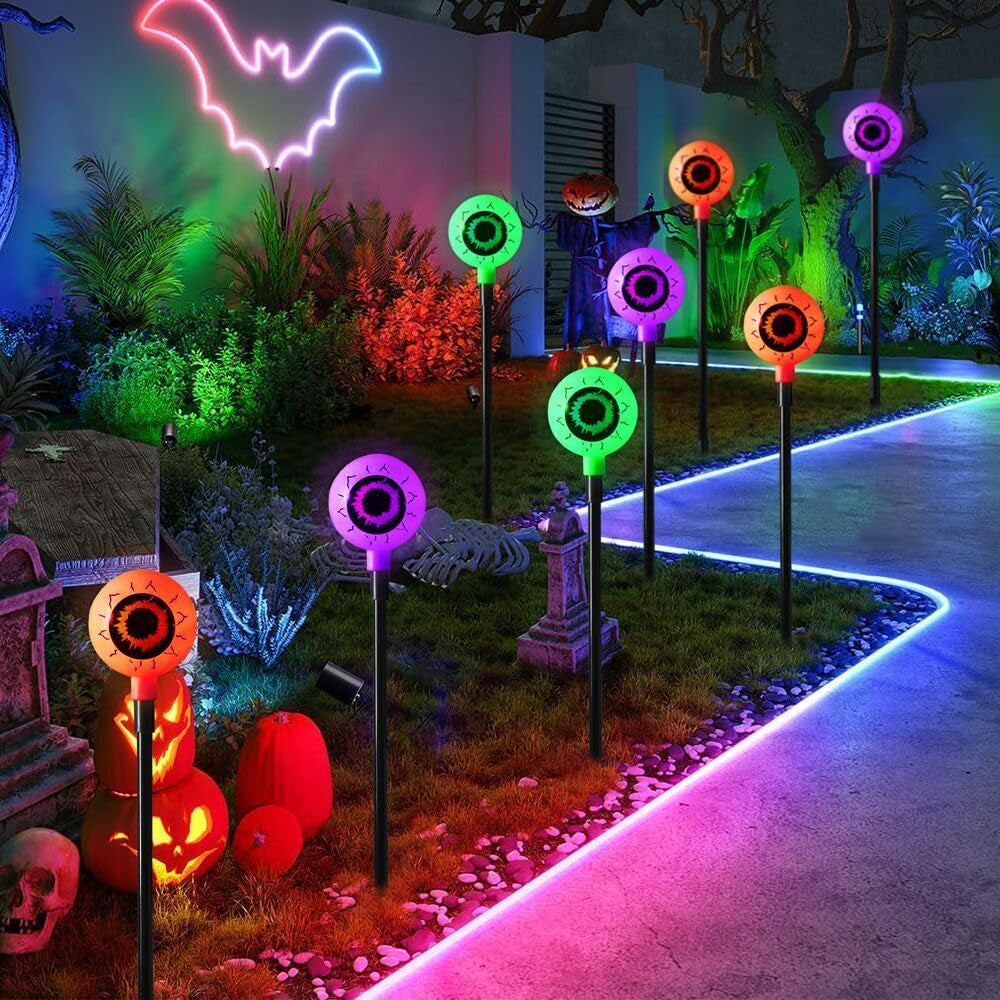 Outdoor Halloween Decorations Set of 6 Solar Garden Lights, Scary Eyeball Solar Landscape Pathway Stake Lights, 8 Modes Waterproof Halloween Lights for Halloween Party Home Yard Patio Decorations