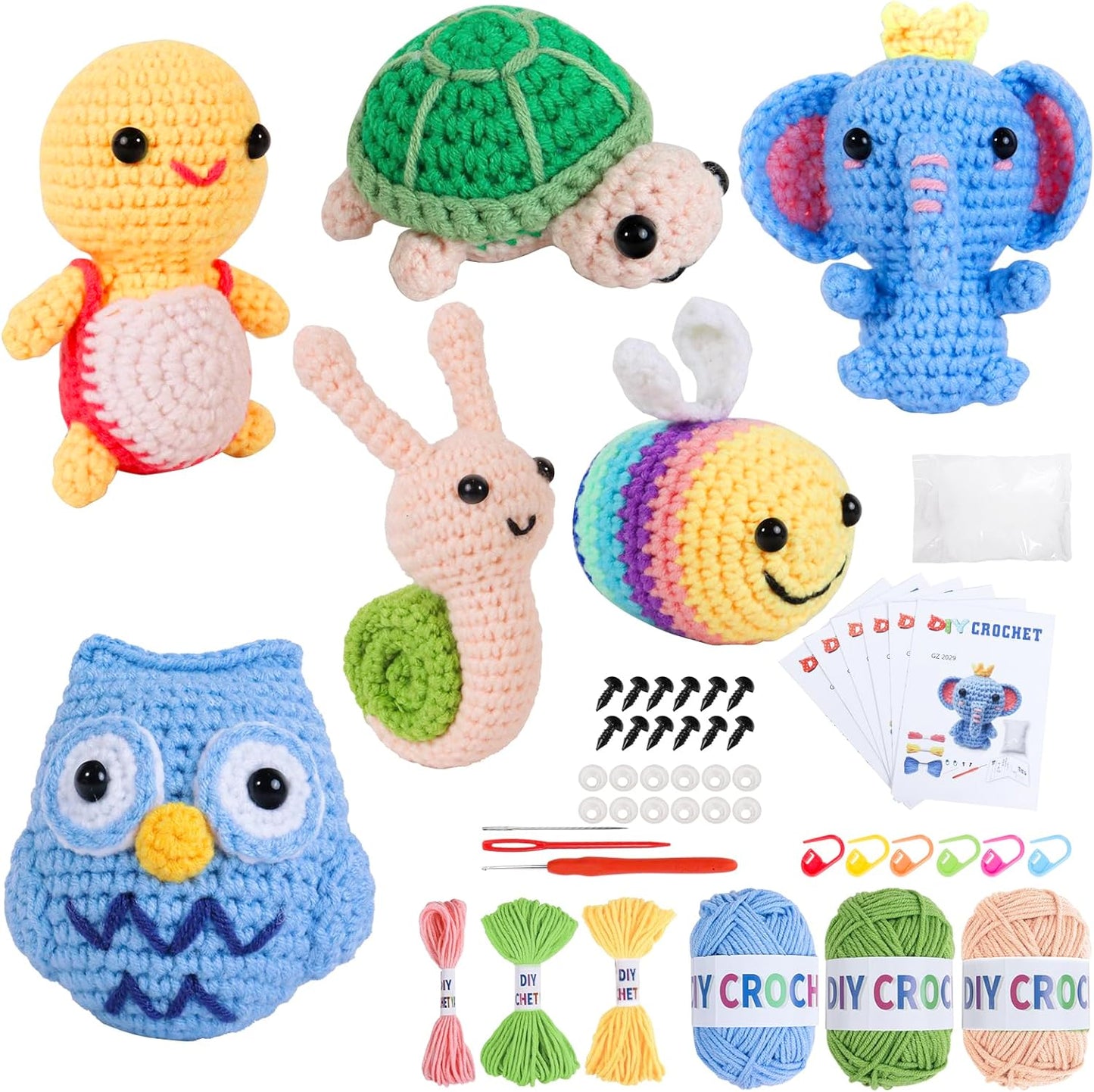 6PCS Crochet Kit for Beginners, Knitting Starter Pack for Adults and Kids，Amigurumi Crocheting Animals Kits with Step-By-Step Video Tutorials Dinosaur, Rainbow Bee,Unicorn，Elk, Panda or Zebra (A)