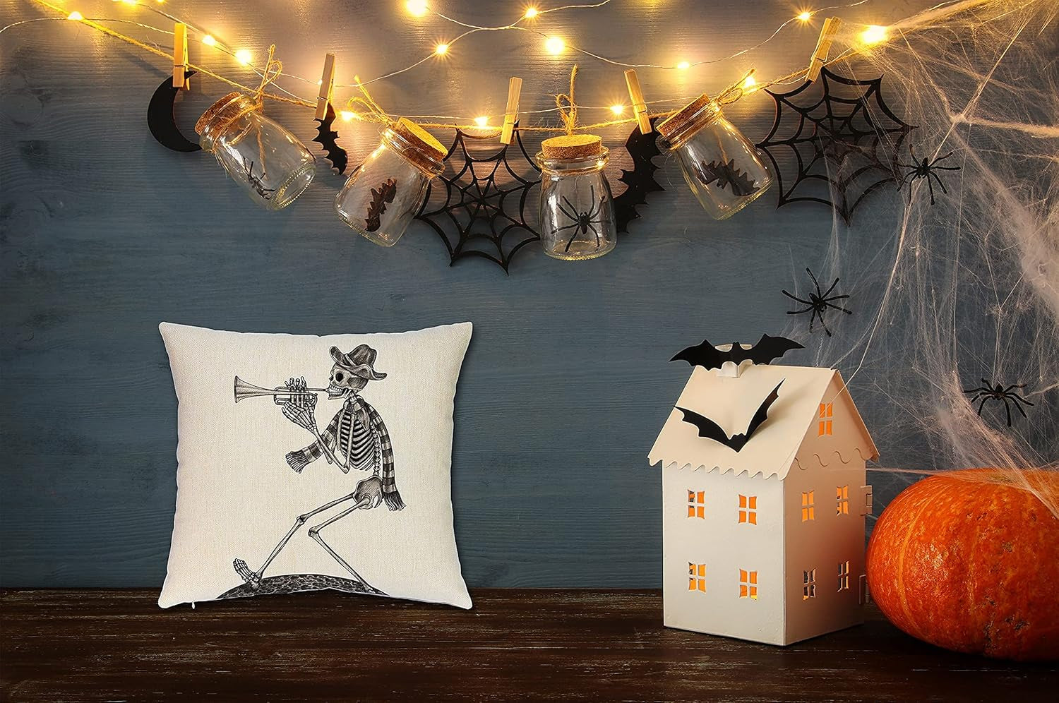 Halloween Pillow Covers Skeleton Skull Pumpkin Throw Pillowcases Set of 4 Cotton Linen Pillow Cushion Cover for Halloween Decorations, 16 by 16 Inch