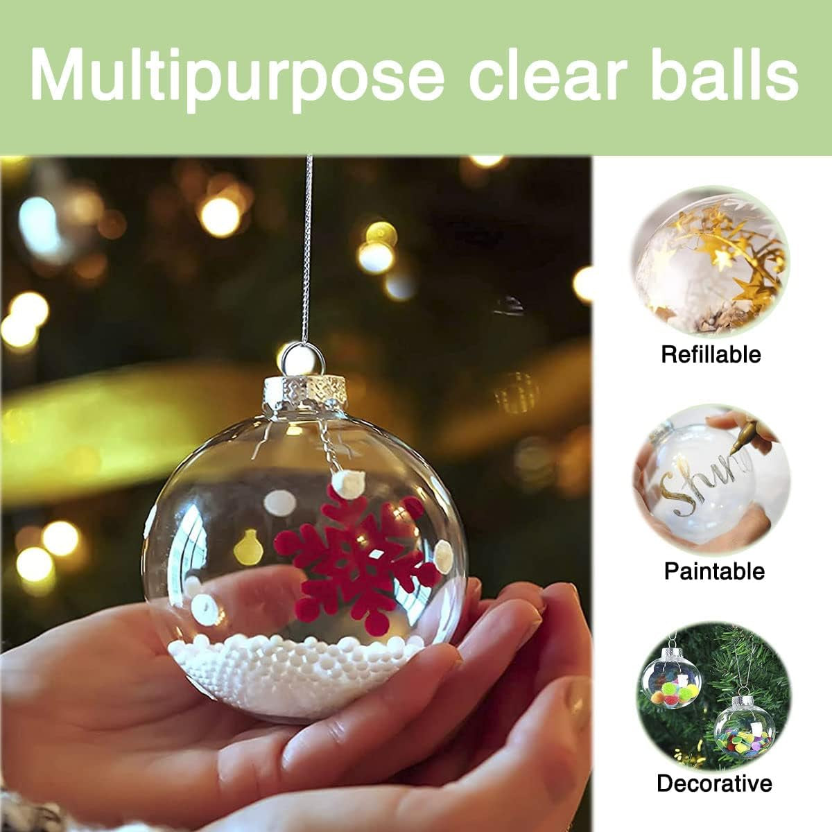 16 Pcs Hanging Clear Plastic Fillable Ornaments Balls, 2.36" DIY Christmas Balls Craft Ornaments for Christmas Tree Ornaments, Halloween and Wedding Birthday Party Decorations, Creative Gifts (60 Mm)