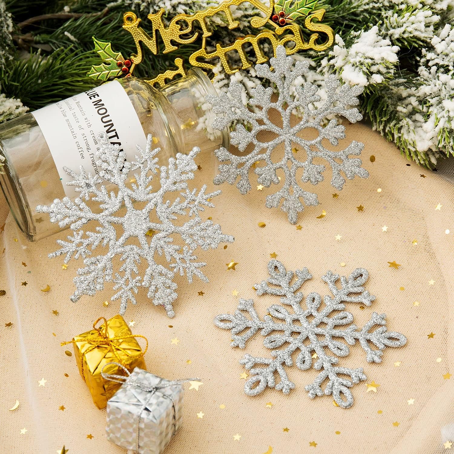 150Mm/6Inch Large Glitter Snowflake Ornaments Set Christmas Tree Hanging Plastic Decoration for Xmas Party Wedding Anniversary Window Door Home Accessories (20Pcs,Pink)