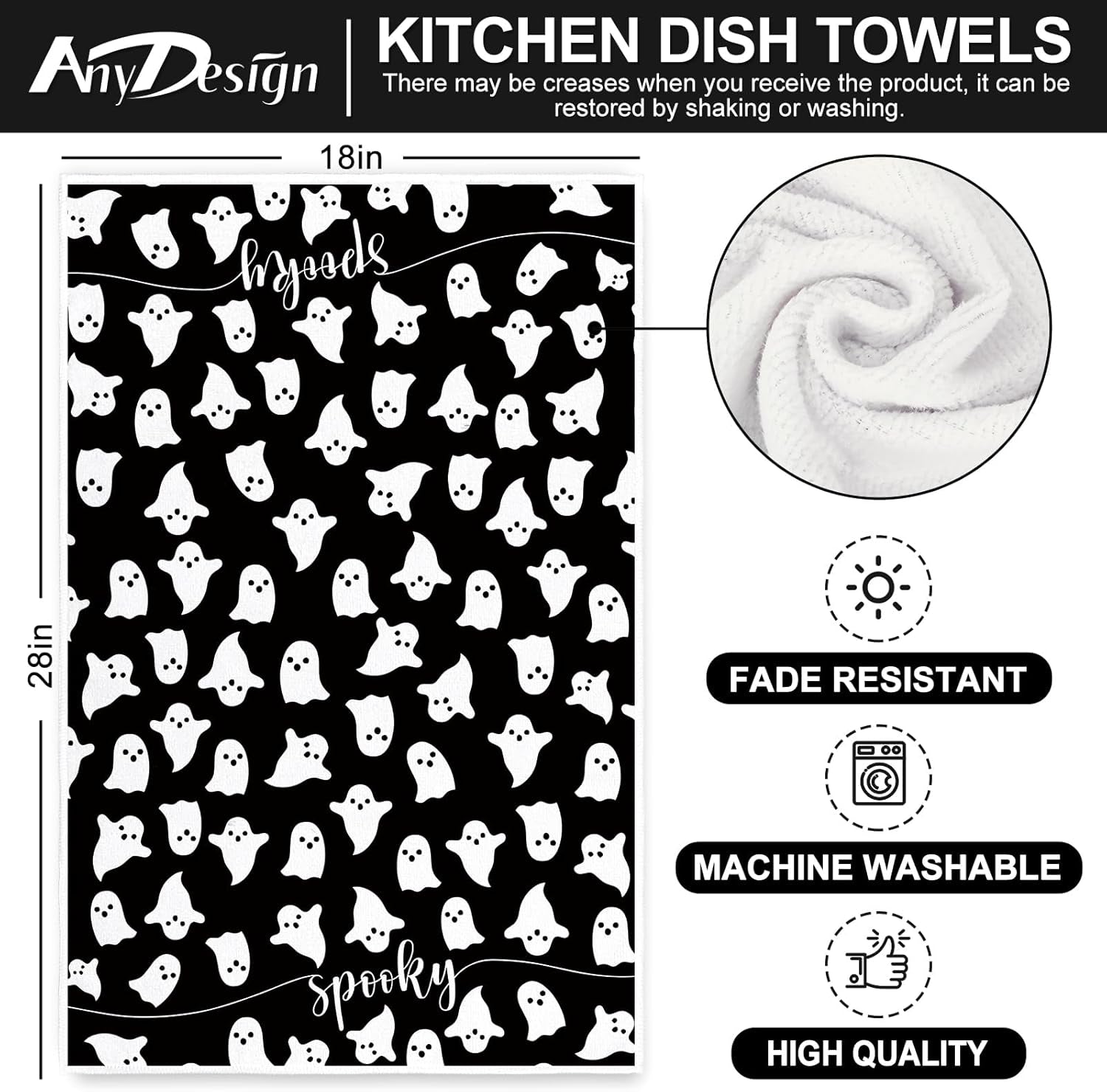 Halloween Kitchen Towel 18 X 28 Inch Black White Ghost Dishcloth Scary Hand Drying Tea Towel for Halloween Baking Cooking Home Kitchen Decor Housewarming Gift, 2Pcs