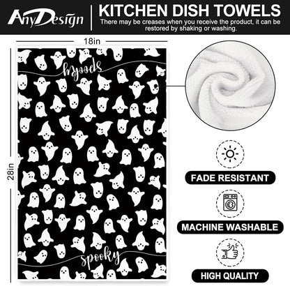 Halloween Kitchen Towel 18 X 28 Inch Black White Ghost Dishcloth Scary Hand Drying Tea Towel for Halloween Baking Cooking Home Kitchen Decor Housewarming Gift, 2Pcs