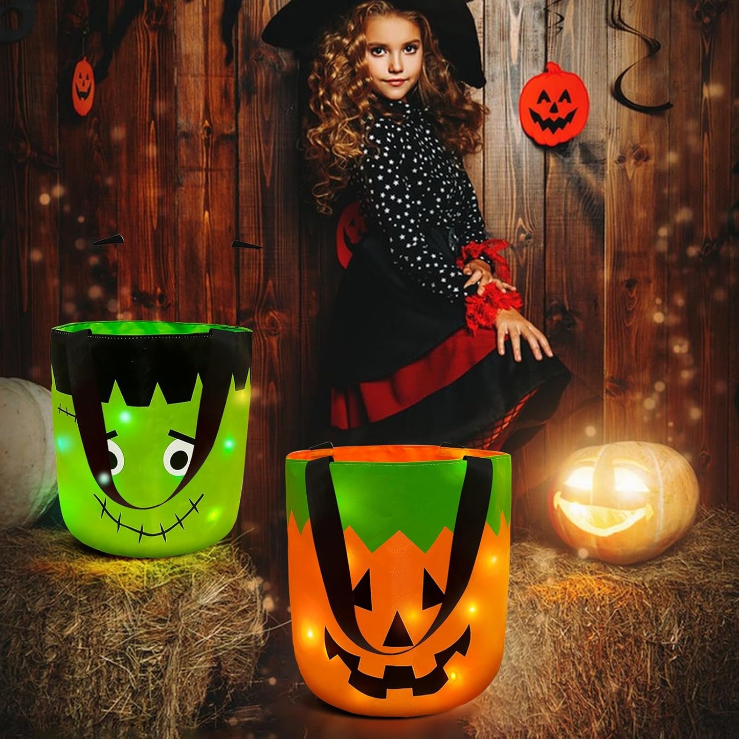 2 Pieces Halloween Candy Bucket with LED Light Trick or Treat Buckets Halloween Reusable Pumpkin Green Monster Candy Gift Baskets Party Supplies Favors (Orange & Green)