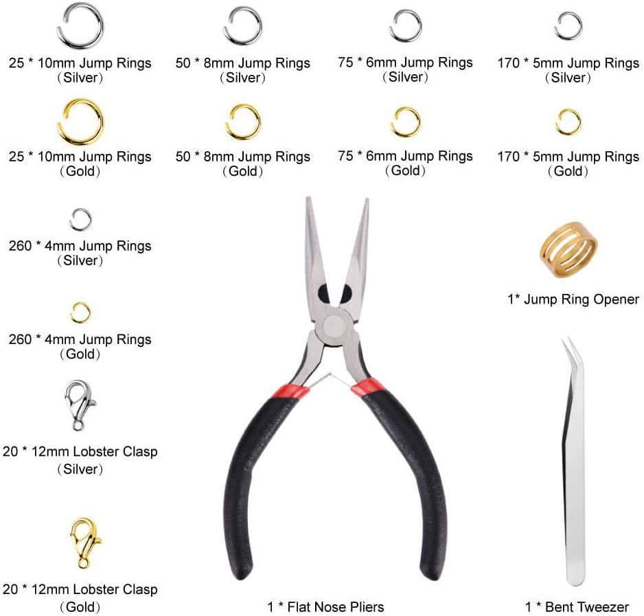 1200Pcs Open Jump Rings and Lobster Clasps Jewelry Findings Kit with Pliers for Jewelry Making (Silver and Gold)