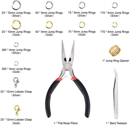 1200Pcs Open Jump Rings and Lobster Clasps Jewelry Findings Kit with Pliers for Jewelry Making (Silver and Gold)