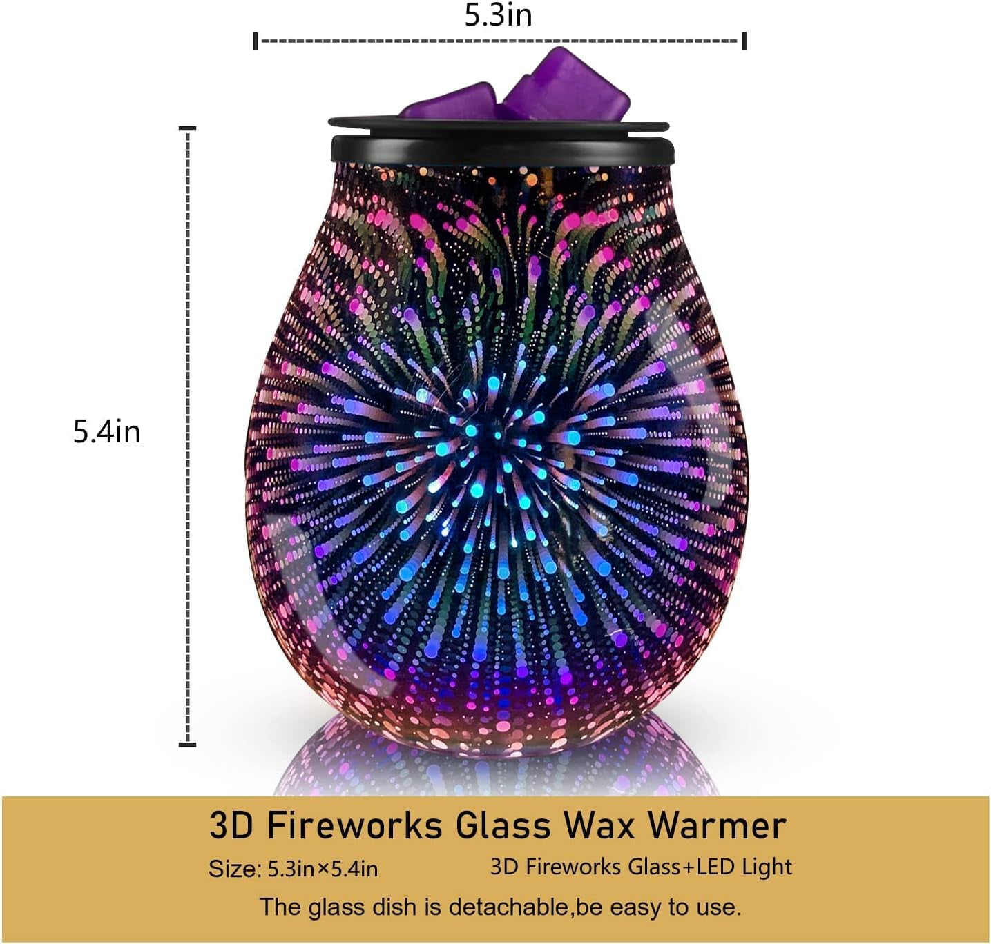 3D Glass Fireworks Electric Wax Melt Warmer with PTC Heating Plate 7 Colors LED Changing Light Wax Burner Melter Fragrance Warmer for Home (3D)