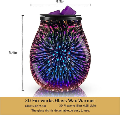 3D Glass Fireworks Electric Wax Melt Warmer with PTC Heating Plate 7 Colors LED Changing Light Wax Burner Melter Fragrance Warmer for Home (3D)