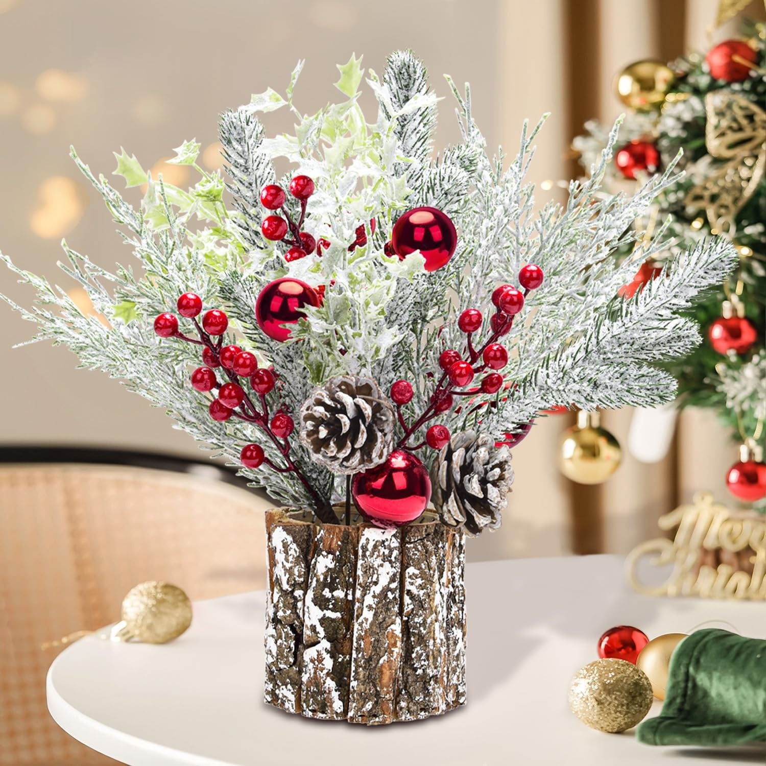 2 Pack Christmas Table Decorations, 14 Inch Christmas Centerpiece Small Potted Christmas Tree with Lights, Pine Cones and Berries, Xmas Artificial Plants for Tables, Home, Mantel Holiday Decor