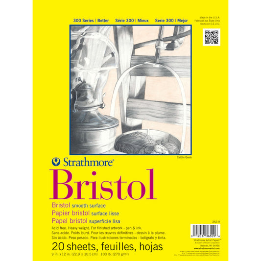 300 Series Bristol Pad, Smooth Finish, Tape Binding, 20 Sheet, 9x12 inch, 1 Count