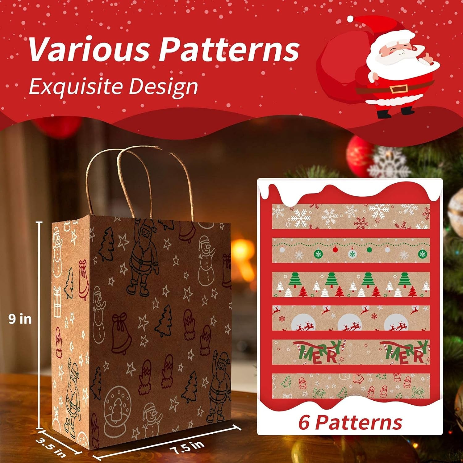 Christmas Gift Bags 30 PCS, 7.5"X9"X3.5" Durable Christmas Bags with Tissue Paper, 6 Styles Gift Bags Bulk with Handles, Reusable Small Gift Bags Xmas Paper Bags, Party Favors Holiday Gift Bags, Brown