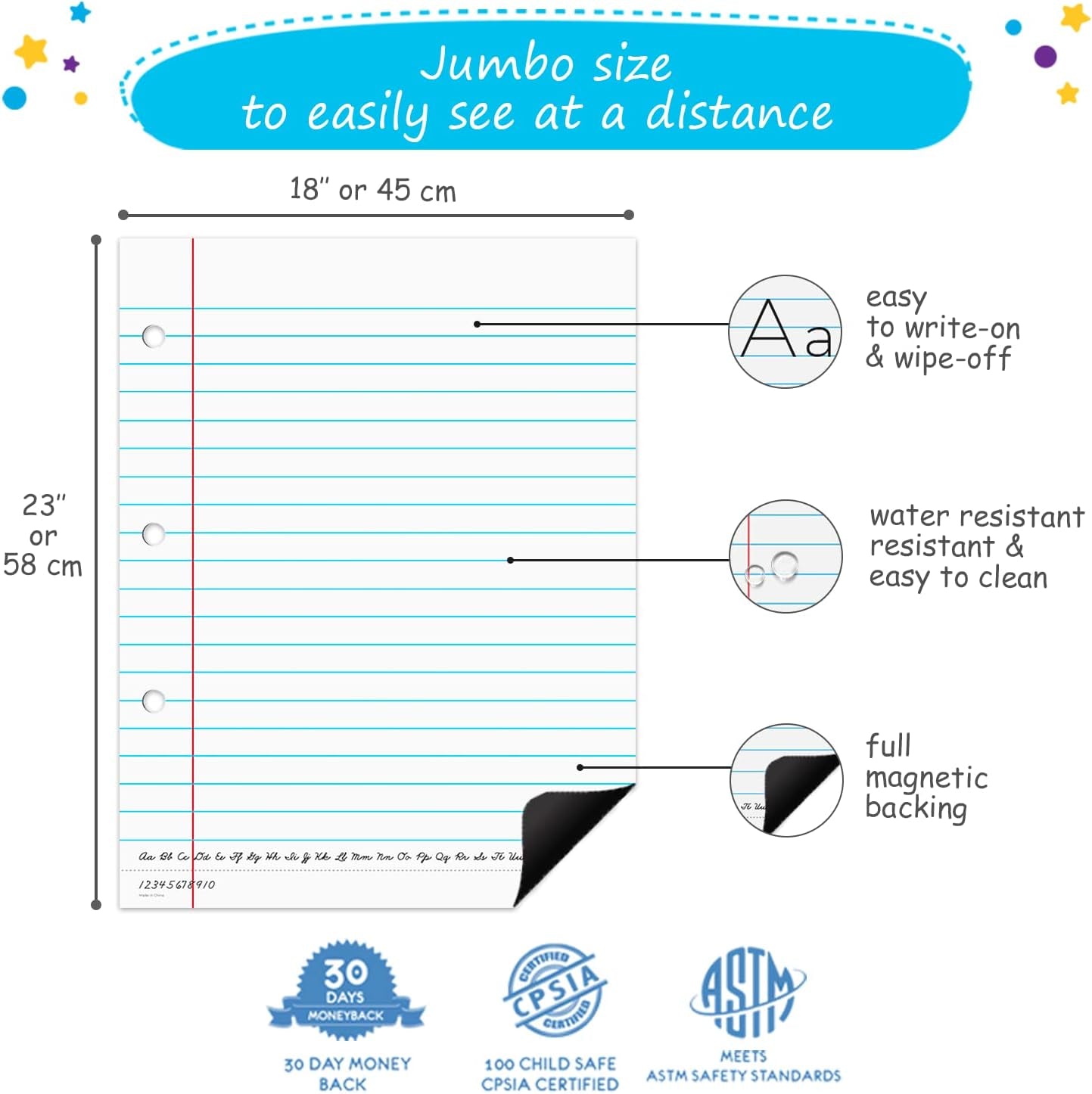 Jumbo Magnetic Notebook Paper - Magnetic Handwriting Paper for Classroom, Dry Erase Notebook Paper, Magnetic Lined Paper for Whiteboard,  23X17