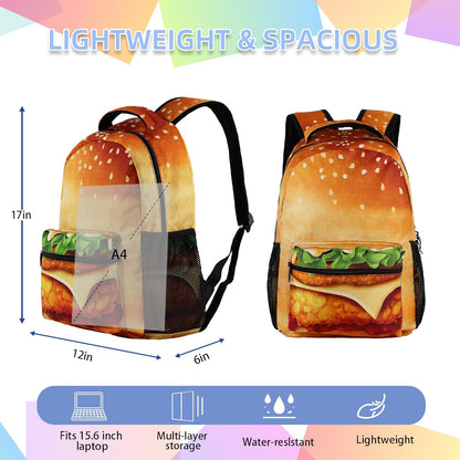 Hamburger Backpack for Boys Girls Funny Laptop Travel Laptop Daypack School Bag with Multiple Pockets for Kids17-Inch