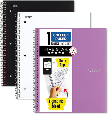 Spiral Notebooks + Study App, 3 Pack, 1-Subject, College Ruled Paper, 100 Sheets, 11" X 8-1/2", Black, White, Amethyst Purple (820188-ECM)