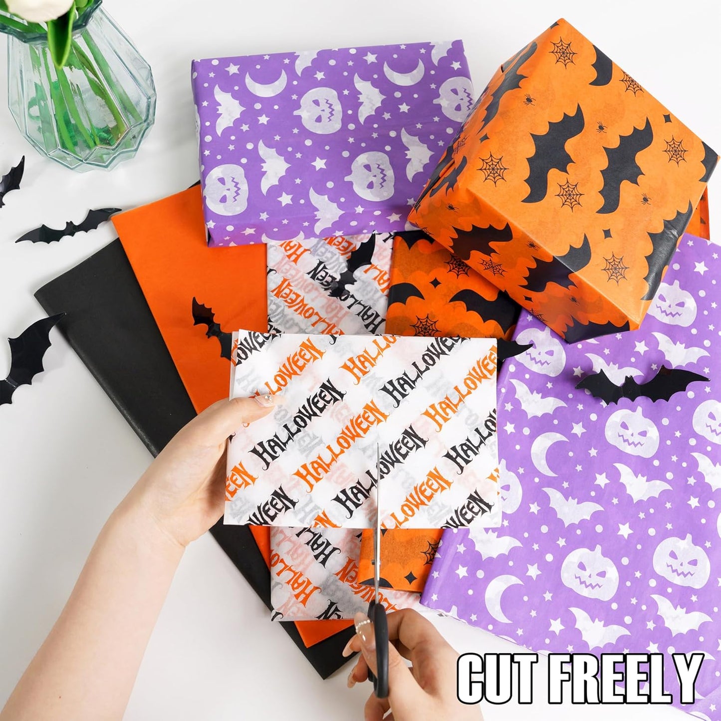 100 Sheets Halloween Tissue Paper for Gift Bags,14"X20" Orange Tissue Paper Party Art Decoration Various Designs