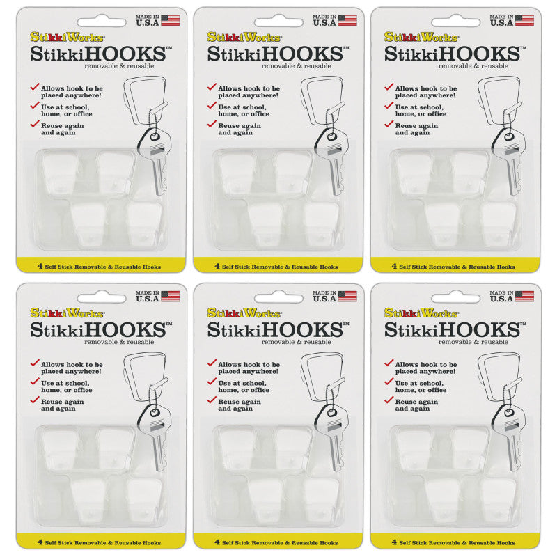 StikkiHOOKS®, White, 4 Per Pack, 6 Packs