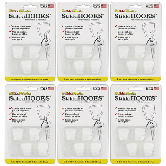 StikkiHOOKS®, White, 4 Per Pack, 6 Packs