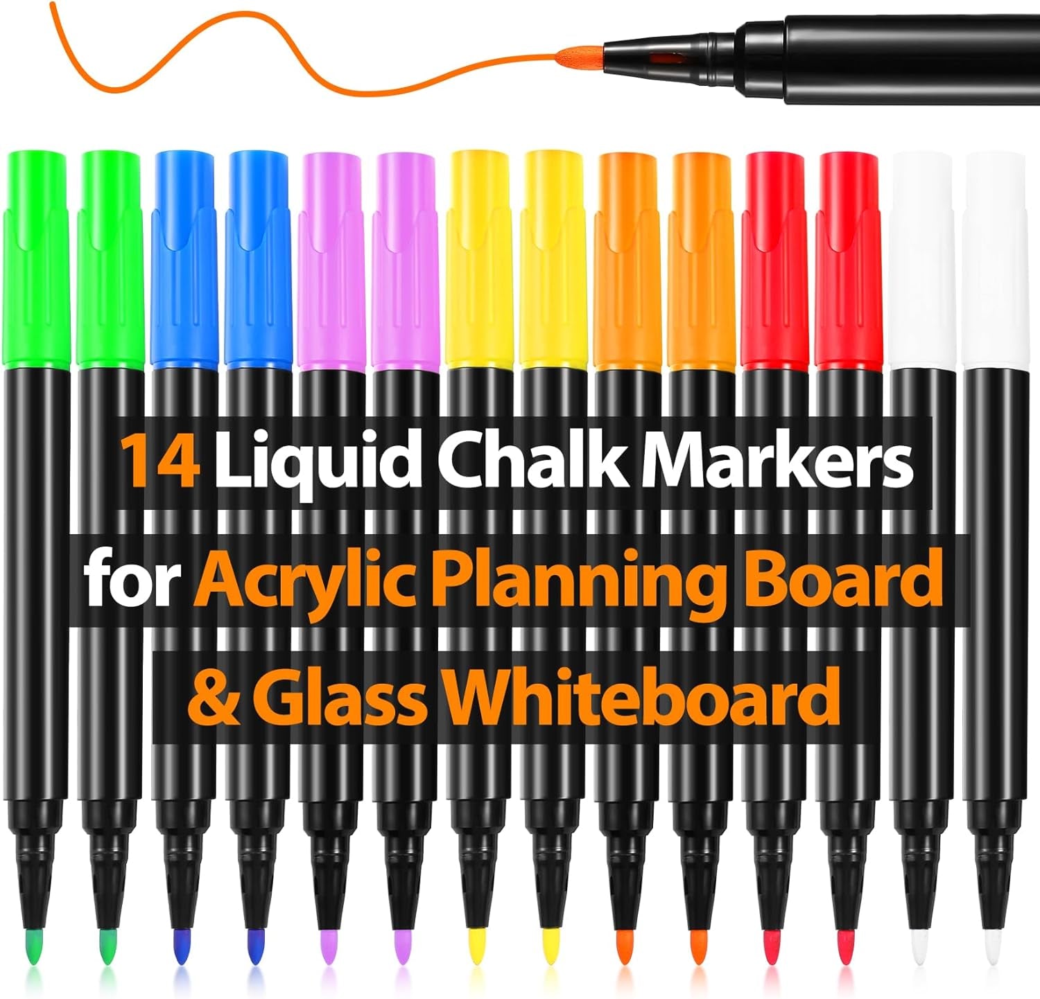 Liquid Chalk Markers for Acrylic Fridge Calendar Planning Board Clear Glass Dry Erase Board Refrigerator Whiteboard for Window/Mirror, 14 Pack, 7 Vibrant Colors, 1Mm Fine Points, Easy Wet Erase