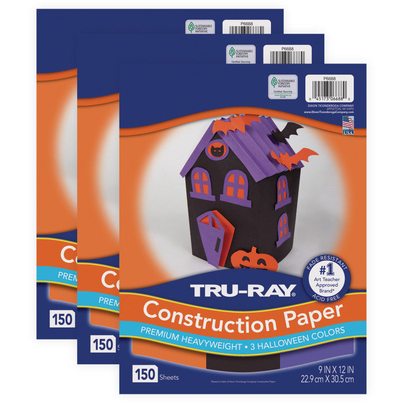 Construction Paper, Heavyweight, Halloween Assortment, Black, Orange, Purple, 9" x 12", 150 sheets Per Pack, 3 Packs