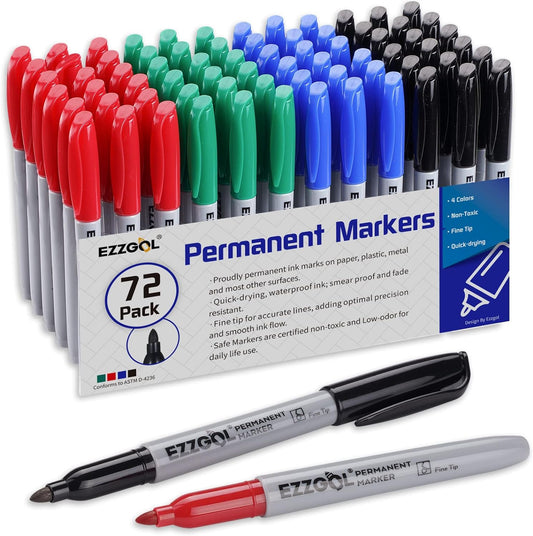 Permanent Markers Bulk, Permanent Marker Bulk Pack of 72, 4 Assorted Colors, Fine Point Permanent Markers for Kids and Adult Coloring as Office, School Supplies