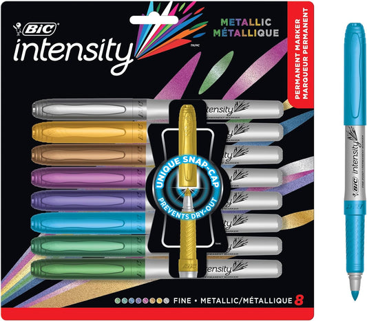 Intensity Metallic Permanent Markers, Fine Point, 8-Count Pack of Metallic Markers with Non-Slip Grip for Comfort and Control