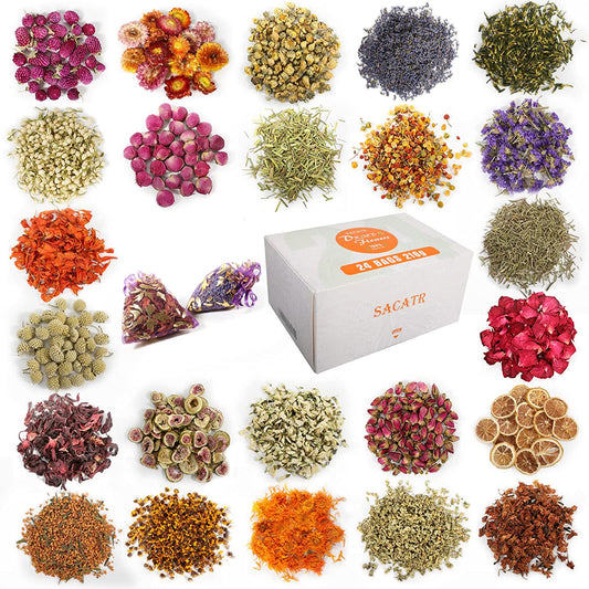 24 Bags Dried Flowers,100% Natural Dried Flowers Herbs Kit for Soap Making, DIY Candle Making,Bath - Include Rose Petals,Lavender,Don'T Forget Me,Lilium,Jasmine,Rosebudsand More