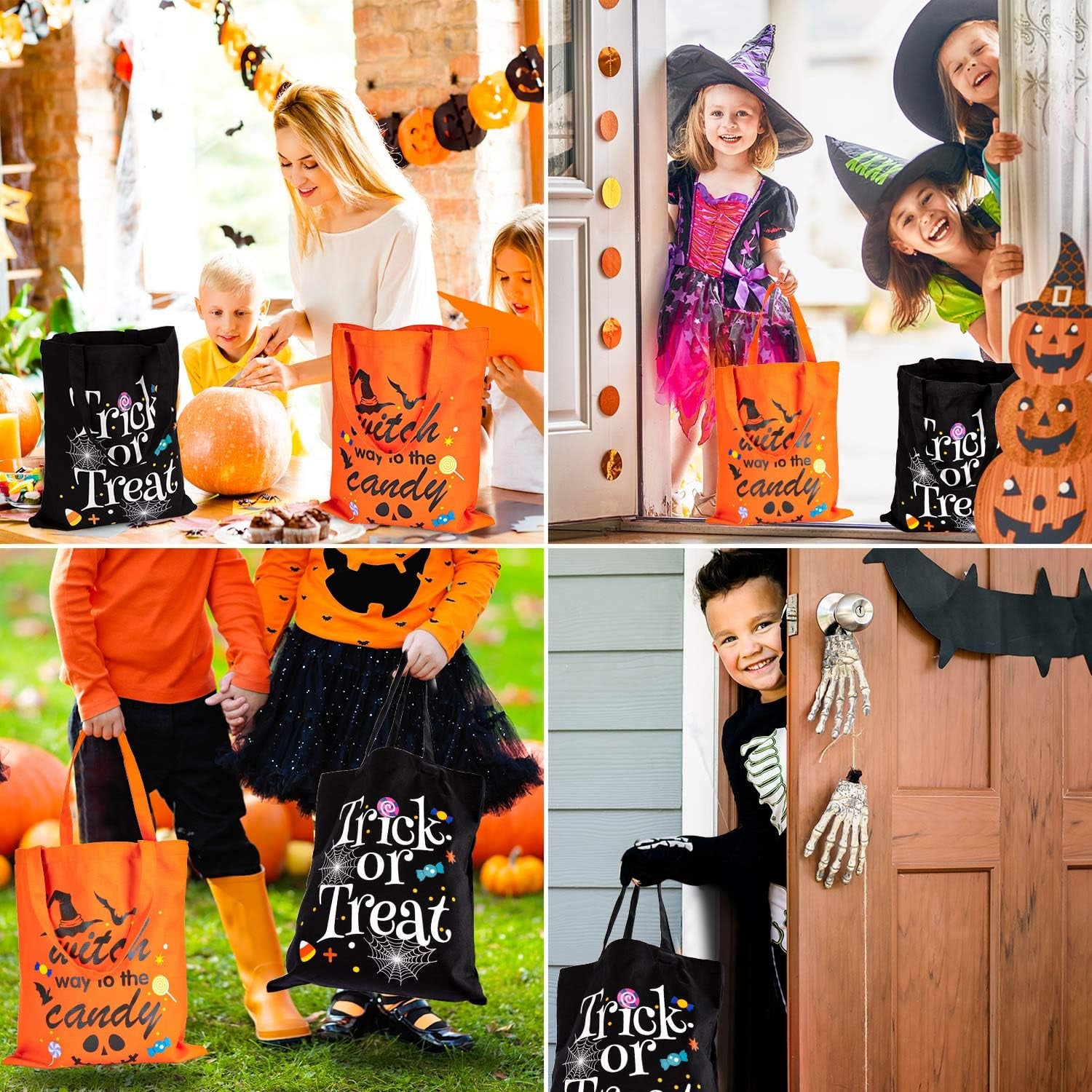 Halloween Canvas Tote Bags Trick or Treat Tote Candy Bag Reusable Cotton Handbag Grocery Bags for Halloween Party Favor Gift Bags, 2 Pack, 15.7" X 13.4"