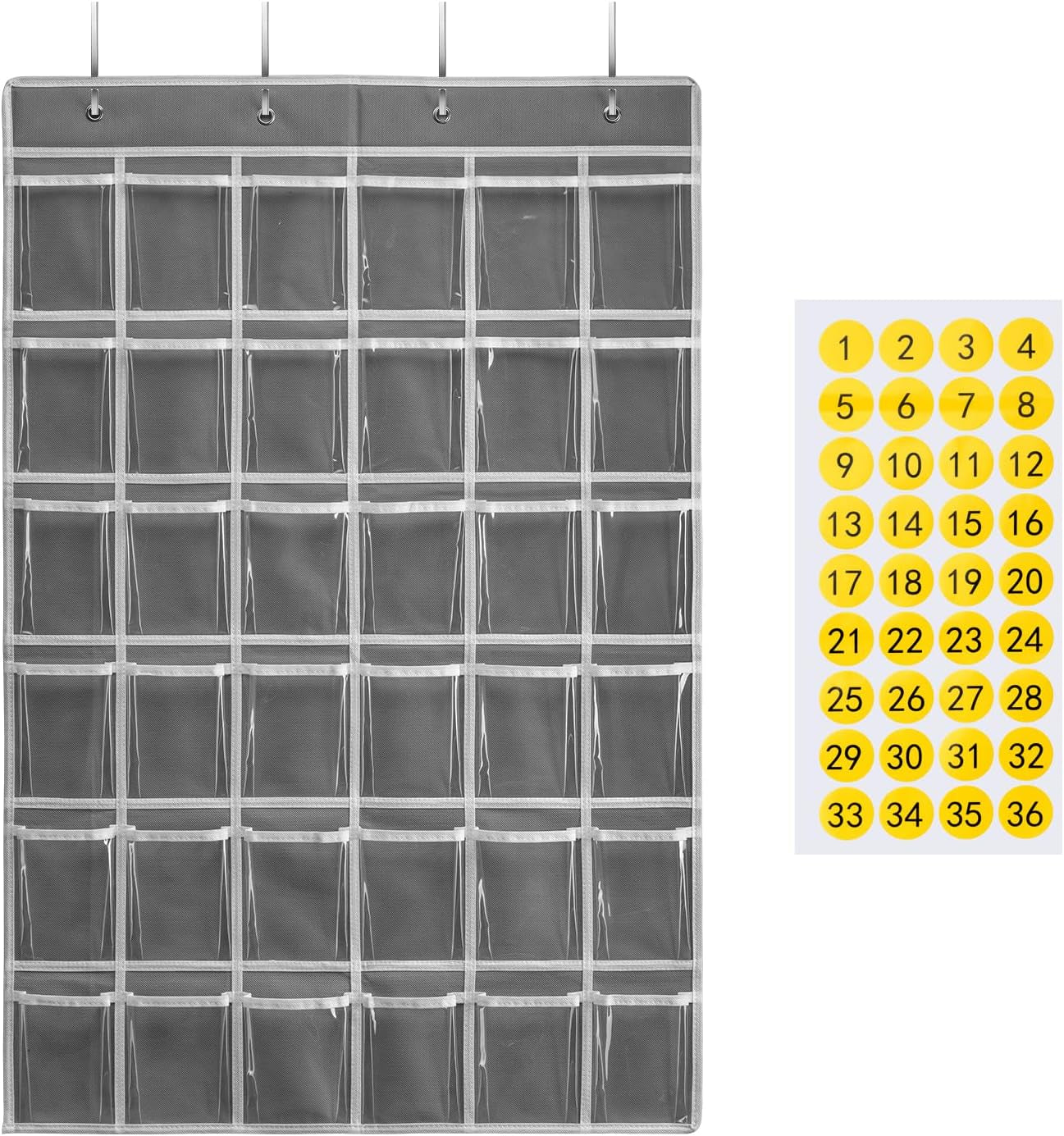 36 Clear Pockets Classroom Pocket Chart for Cell Phones and Calculator Holder, Pocket Chart for Classroom Phone Holder with Number Stickers and Hooks (Grey)