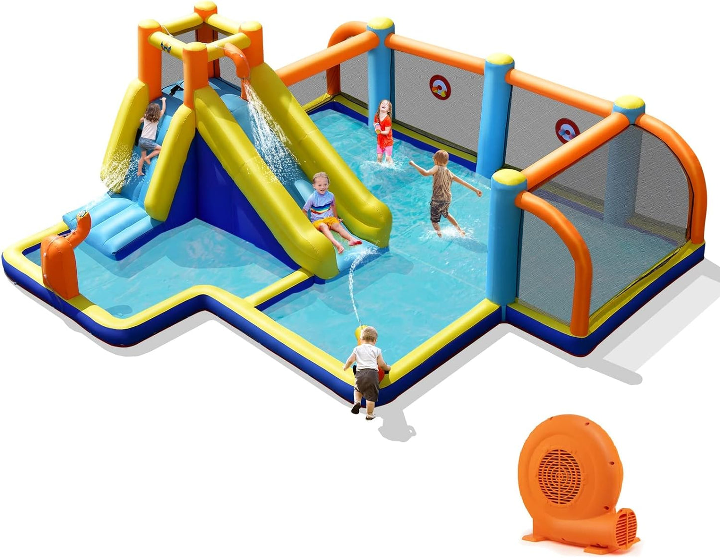 Inflatable Water Slide Park, 9 in 1 Mega Waterslide Bounce House for Outdoor W/Dual Slides, Giant Splash Pool, 735W Blower, Water Slides Inflatables for Kids and Adults Backyard Party Gifts