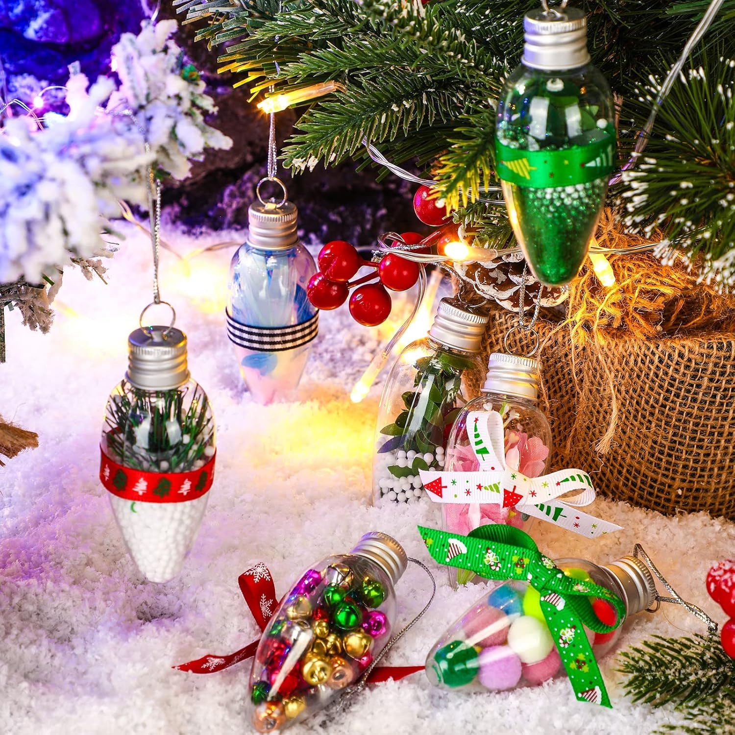 60 Pcs Christmas Clear Plastic Bulb Shape Ornaments Fillable DIY Light Bulb Clear Christmas Ornaments Fillable Ornaments Empty Lightbulbs with 2 Pcs Silver Rope and for Candy DIY Craft Tree Decor