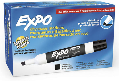 Low Odor Dry Erase Markers, Chisel Tip, Black, 12 Count